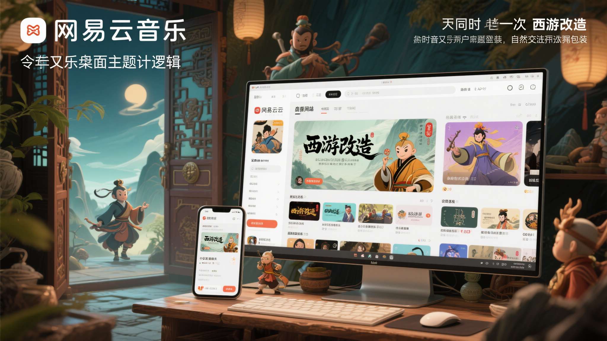 从音乐桌面到黑胶聊天框,《梦幻西游》电脑版×网易云音乐把联动做出“花”了 与此同时,网易云音乐的桌面端也迎来了一次"西游改造"——游戏角色与场景以音乐桌面